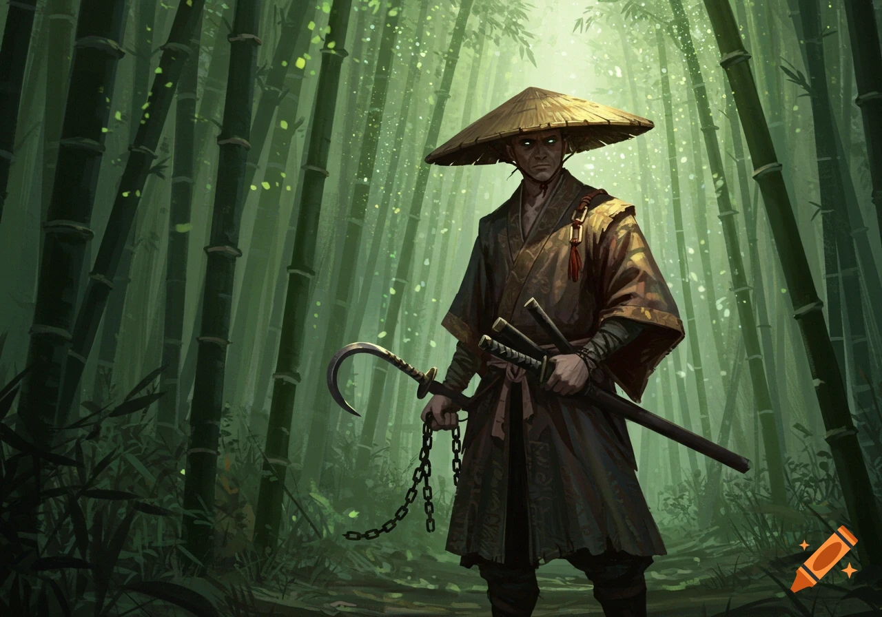 A fantasy warrior in a straw hat and robe stands holding a chain hook and katanas in a sunlit bamboo forest.