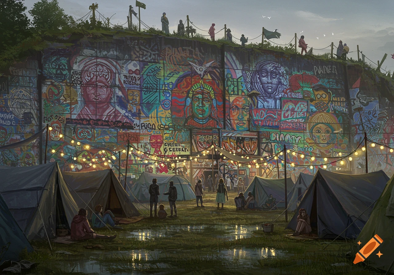 A colorful graffiti-covered wall looms over a makeshift camp of tents and people, strung with lights, in a slightly muddy field under a cloudy sky.