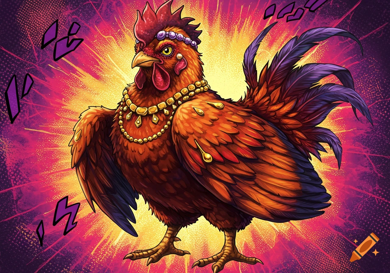 A stylized, vibrant illustration of a brown and orange chicken wearing gold and pearl jewelry, set against a glowing pink and yellow background with purple Jojo-style sound effects.