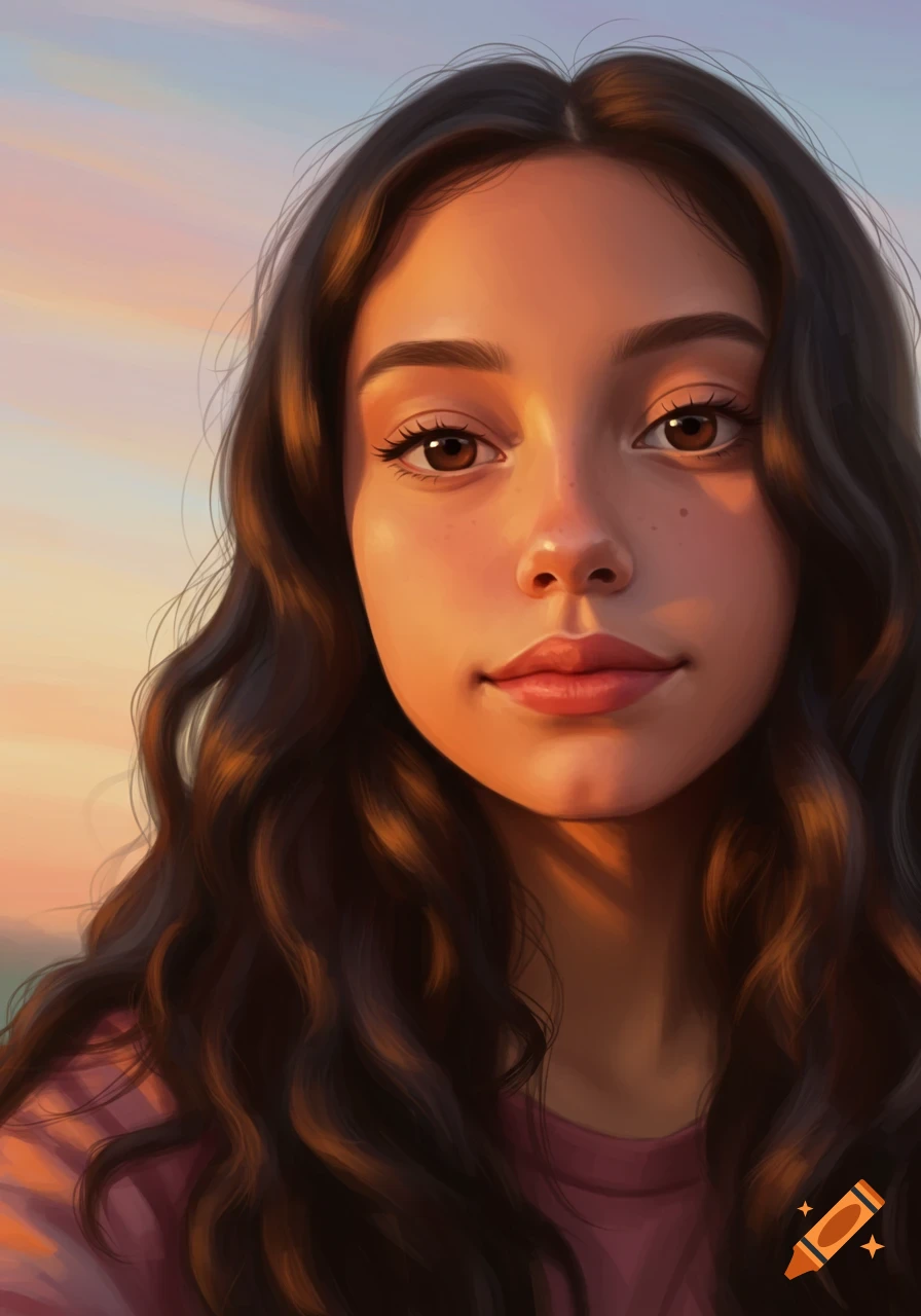 Close-up illustrative portrait of a girl with wavy dark brown hair and brown eyes, bathed in warm sunset light.
