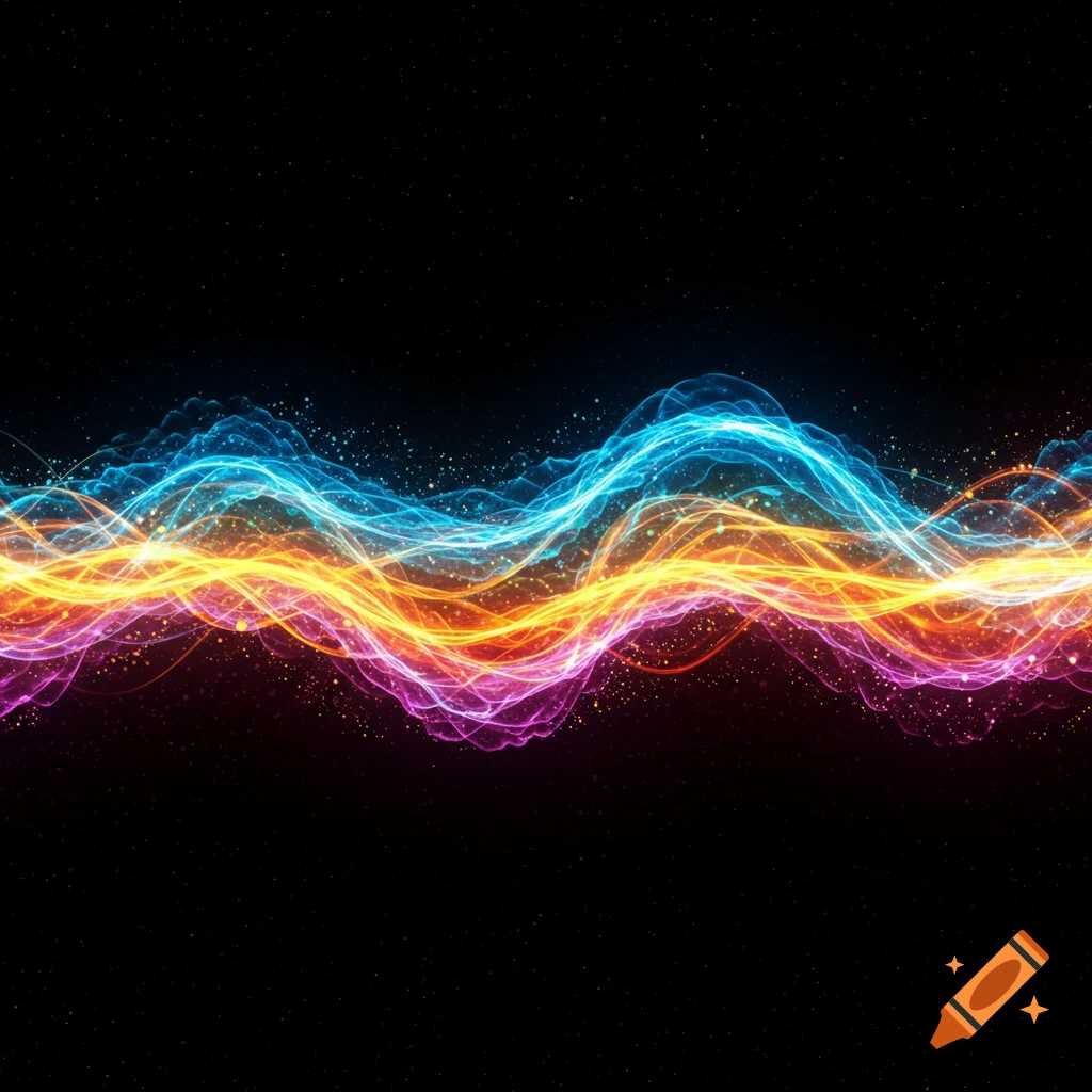 Abstract glowing blue, orange, and pink wavy lines with particles on a dark background.