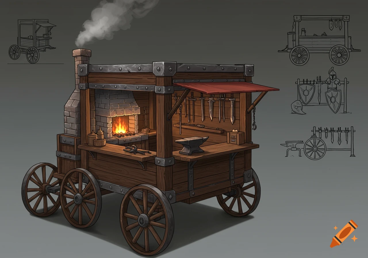 A stylized illustration of a wooden blacksmith cart with a glowing forge, anvil, tools, and weapon racks, emitting smoke from its chimney.
