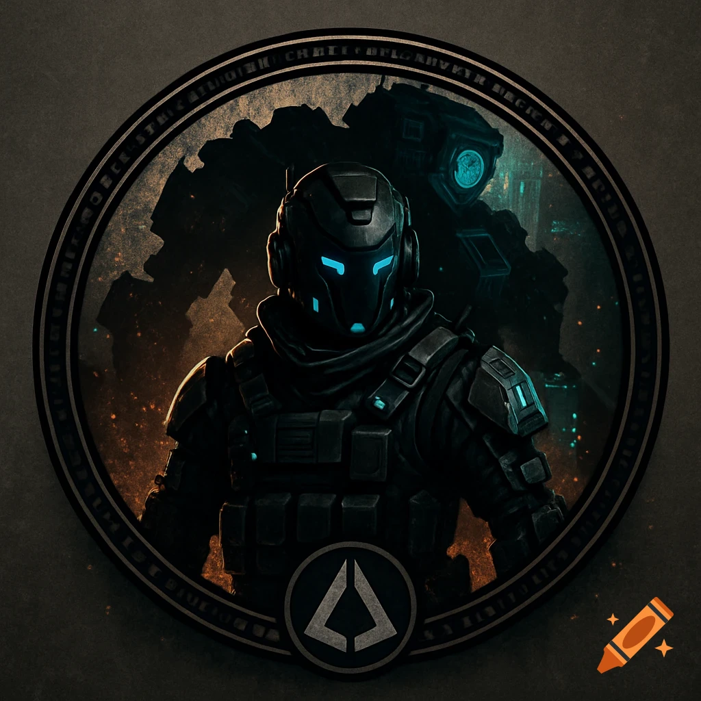 A dark armored sci-fi soldier with glowing blue eyes, backed by a shadowy mech, within a circular emblem frame.