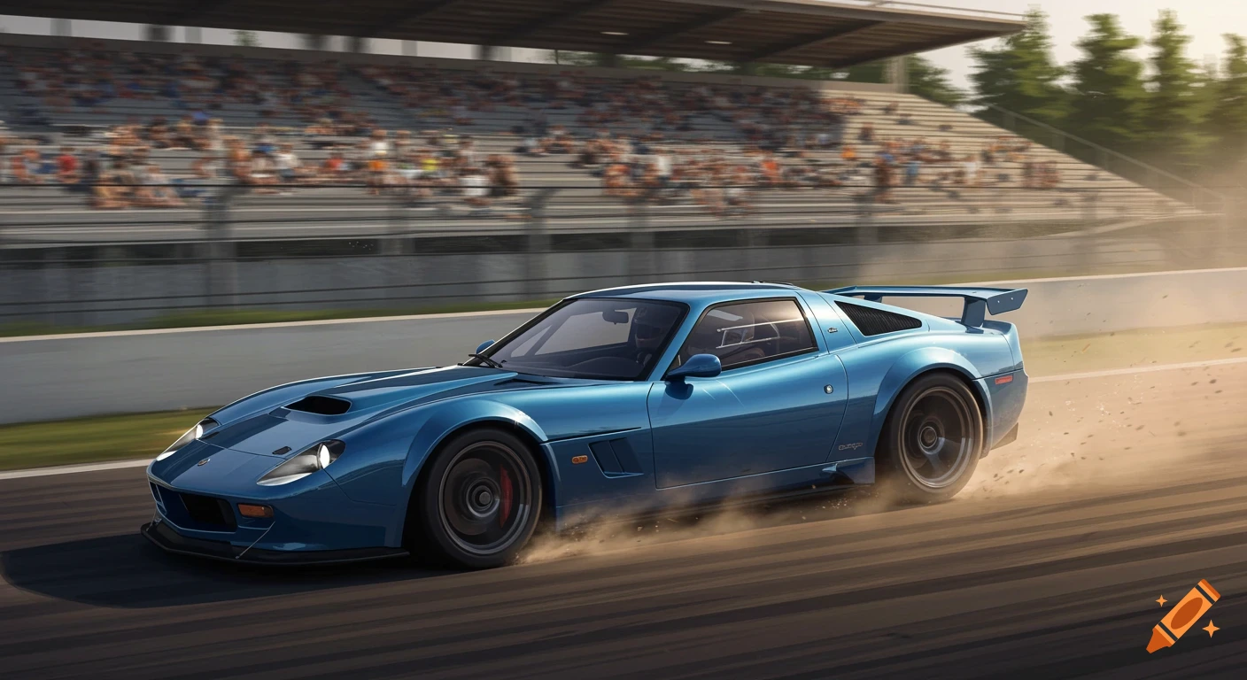 A blue sports car races on a track, kicking up dust with spectators in the background under sunlight.