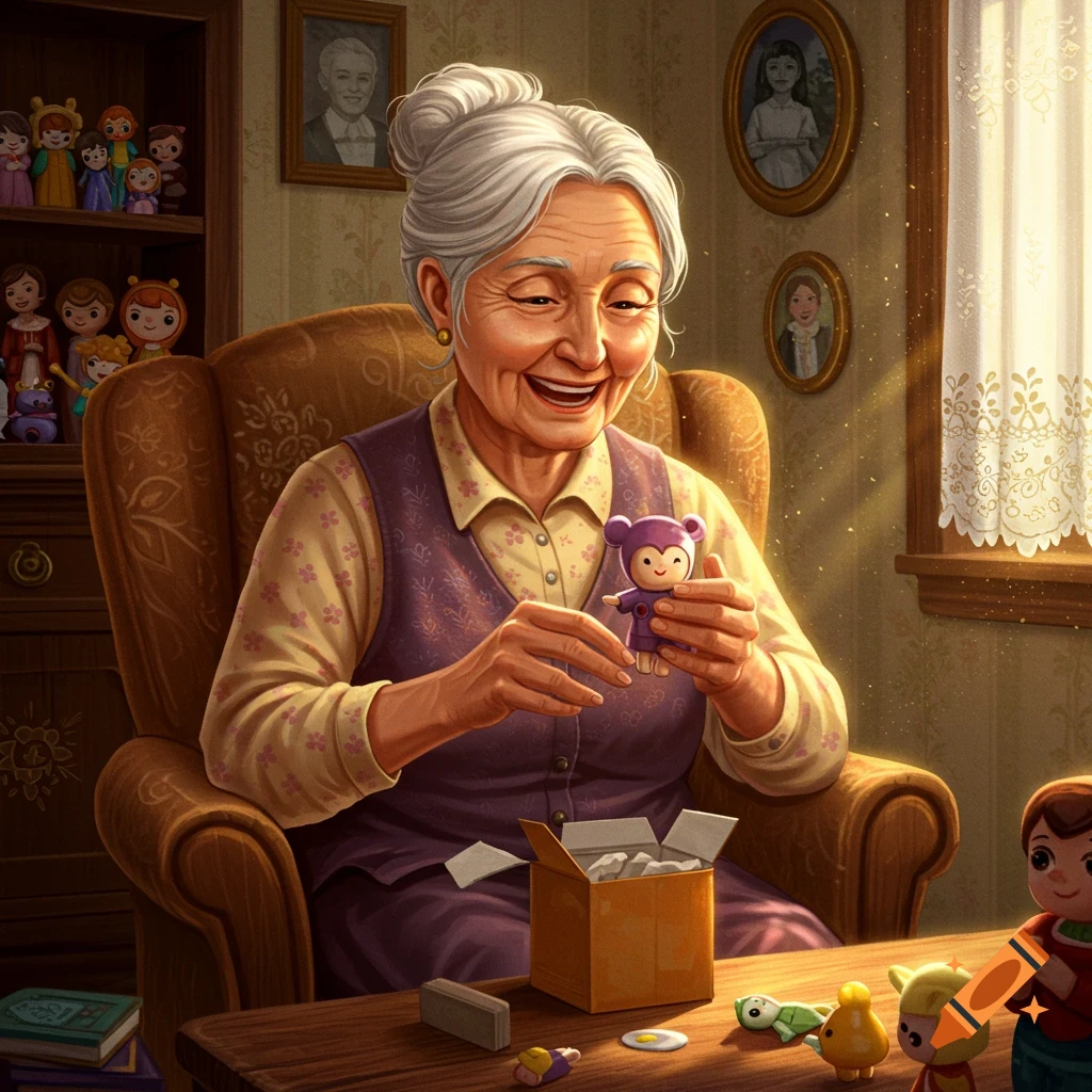 A smiling elderly woman with white hair is seated in an armchair, holding a purple doll. She is opening a package on a wooden table in a cozy room with other dolls on a shelf.