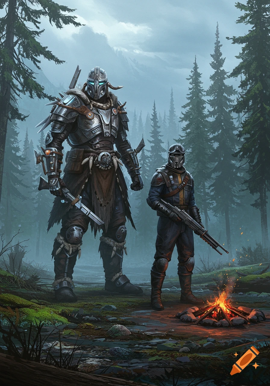 Two armored warriors, one large and one smaller, stand in a foggy forest near a campfire, in a digital art style.