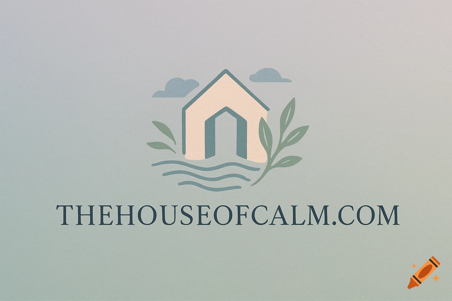 Minimalist logo with a house, waves, clouds, and leaves in pastel colors, with 'THEHOUSEOFCALM.COM' text below.