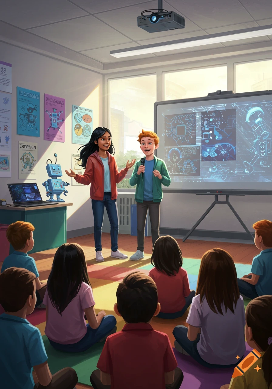 An illustration of an Indian girl and a white boy presenting their tech journey to young children sitting on a rainbow-colored rug in a sunlit classroom.