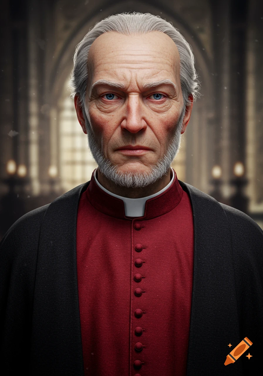 Close-up photorealistic portrait of an older man with gray hair and beard, blue eyes, wearing a red cassock and black cape, standing in a church.