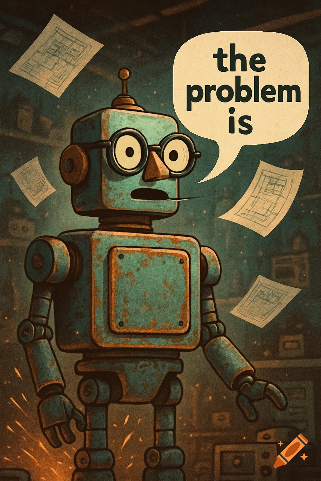 An old, rusty green robot with glasses stands amidst flying blueprints, speaking the words "the problem is" in a speech bubble.
