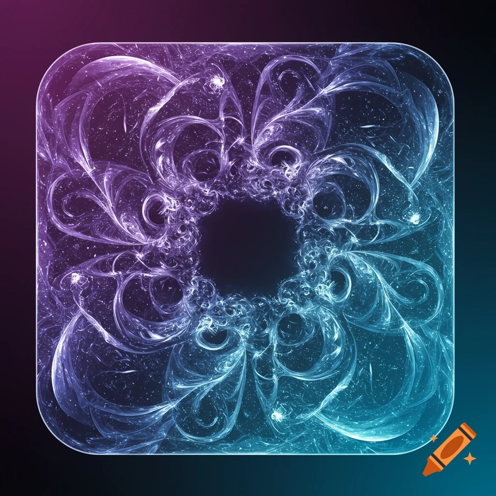 An abstract, rounded square with a glowing, intricate fractal pattern in swirling purple and blue tones, resembling a cosmic vortex, set against a dark gradient background.