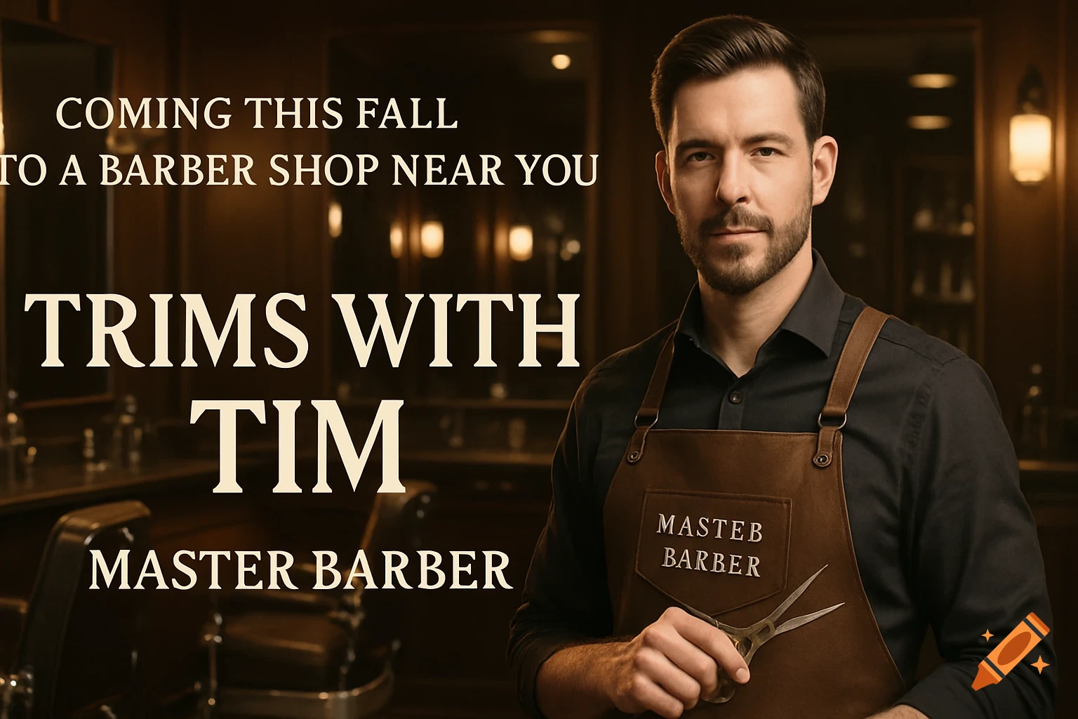 A confident barber in a brown apron holding scissors in a stylish barbershop with text 'Trims with Tim, Master Barber'.