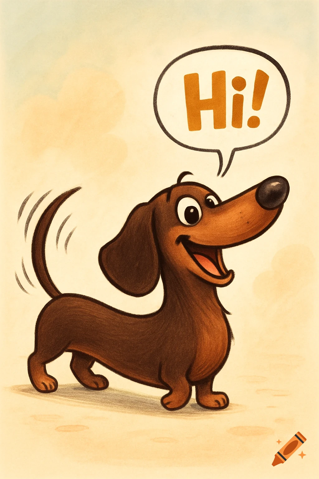 A cartoon dachshund with a wagging tail smiles, with a speech bubble above its head saying 'Hi!'.
