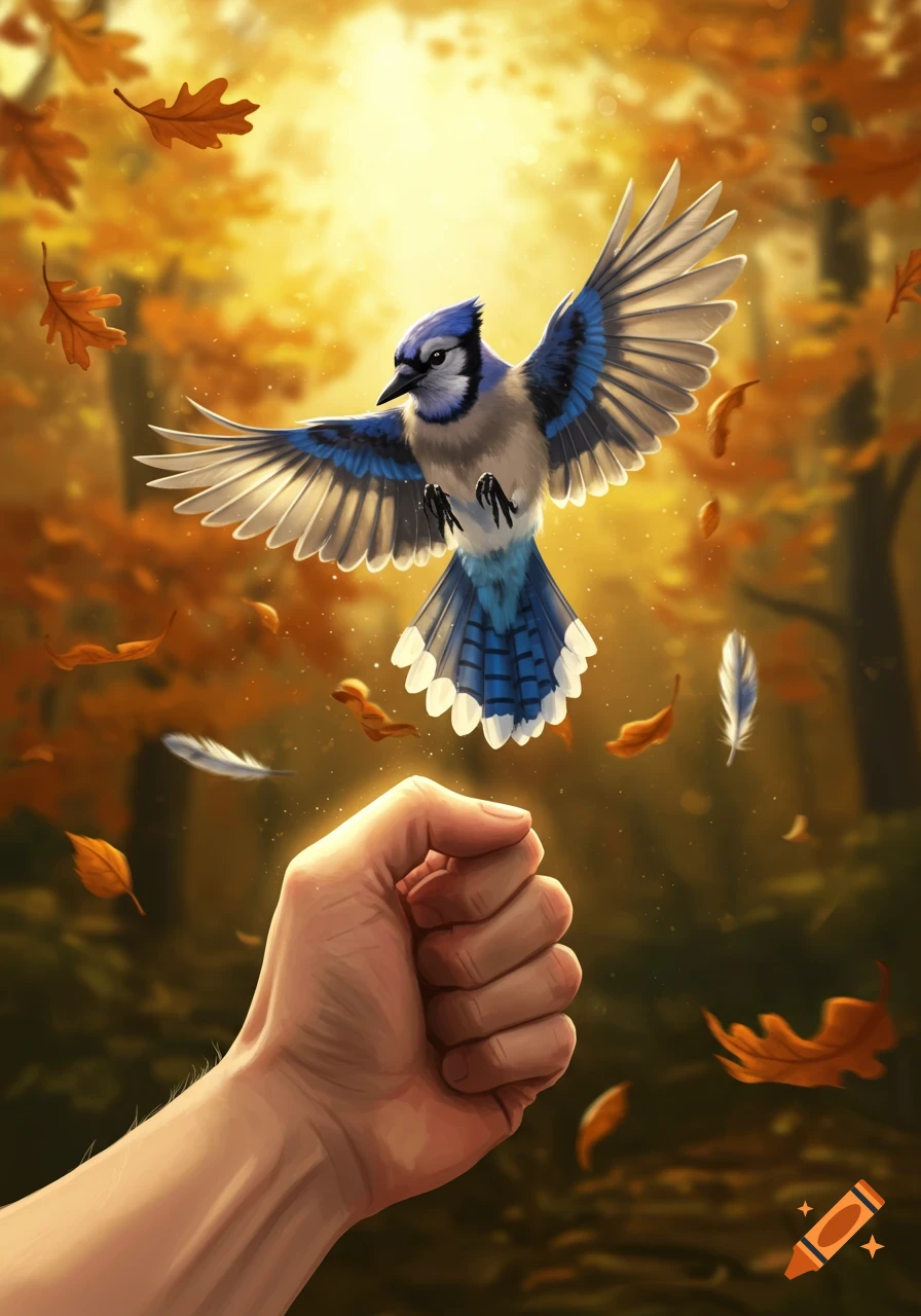 A vibrant blue jay with outstretched wings flies just above a human fist in an autumn forest setting with falling golden leaves, digital painting.