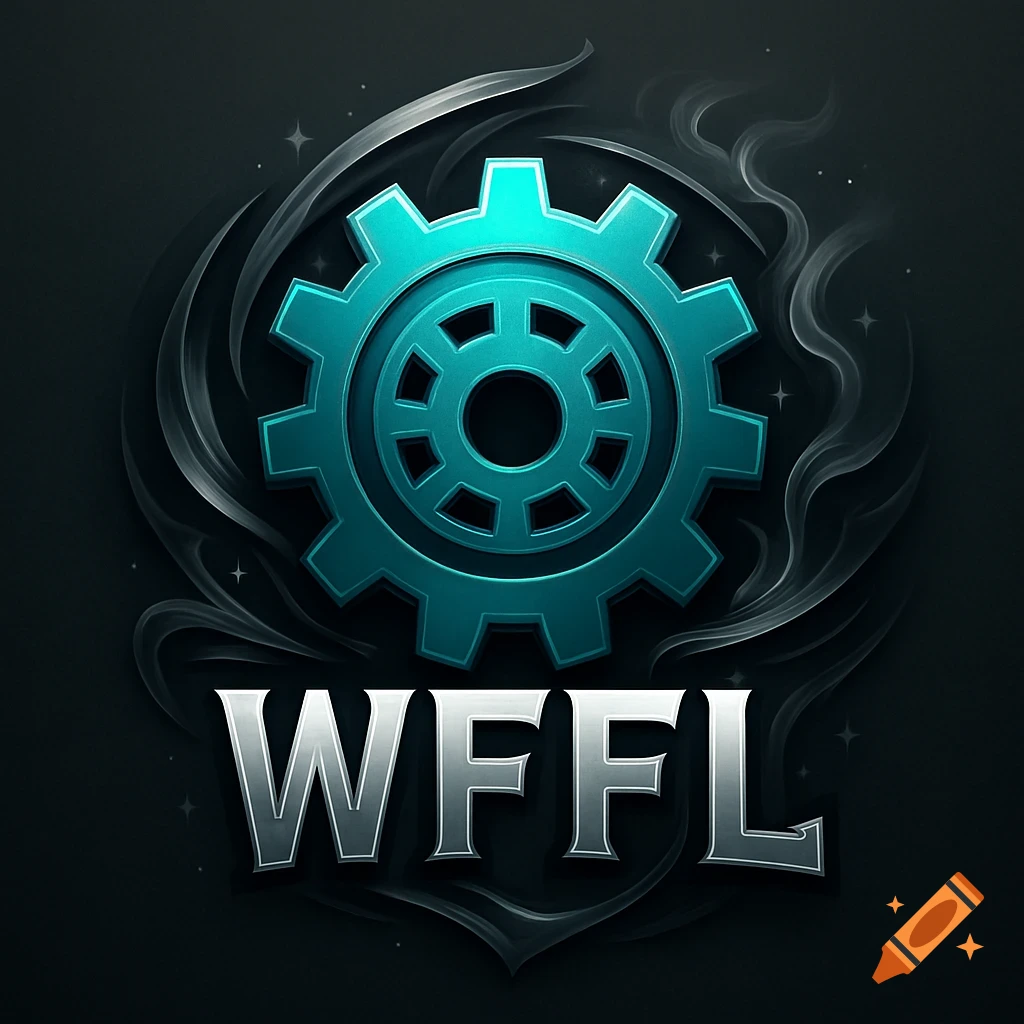 A stylized teal gear icon with decorative elements above the silver text 'WFFL' on a dark, smoky background.