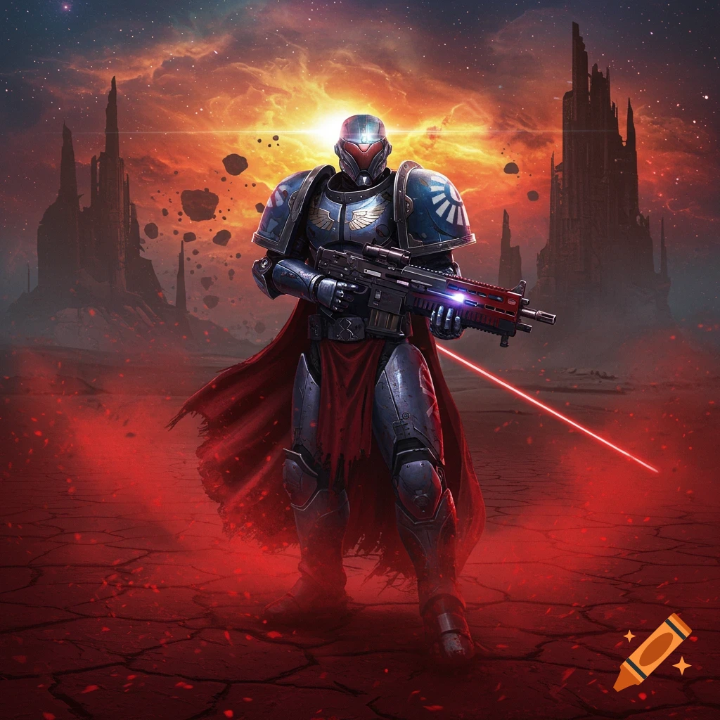 An armored space marine stands on a desolate, red alien planet with ruined structures under a fiery sky, holding a rifle with a laser.