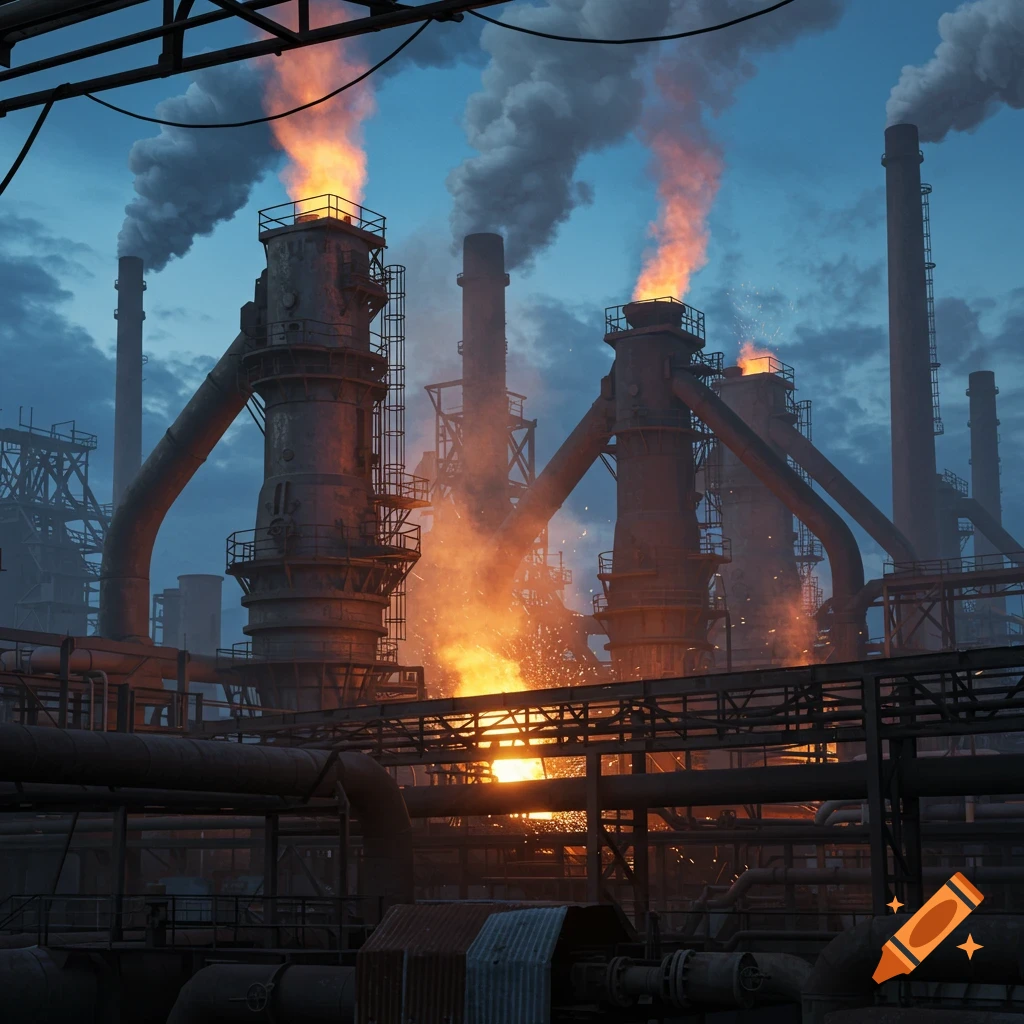 A dark, dramatic view of multiple large blast furnaces with prominent flames and smoke rising into a cloudy blue sky at dusk.