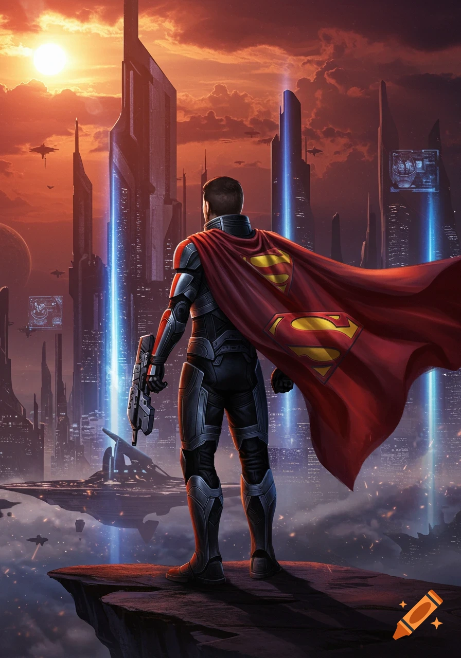 Commander Shepard in a Superman cape stands on a cliff overlooking a futuristic city at sunset, holding a weapon.