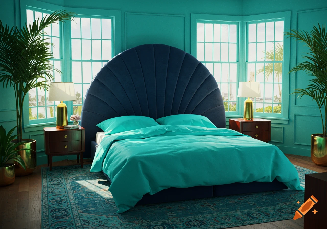 A vibrant bedroom with turquoise walls and sheets, a navy velvet headboard, and large bay windows, bathed in sunlight.