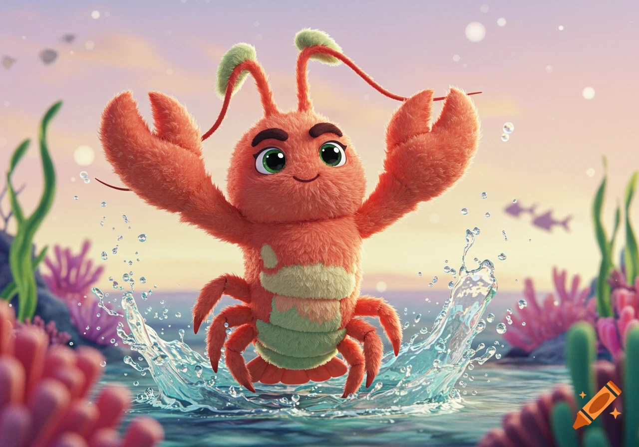 A cute, furry orange lobster character with big green eyes splashes in the ocean among colorful coral and seaweed.