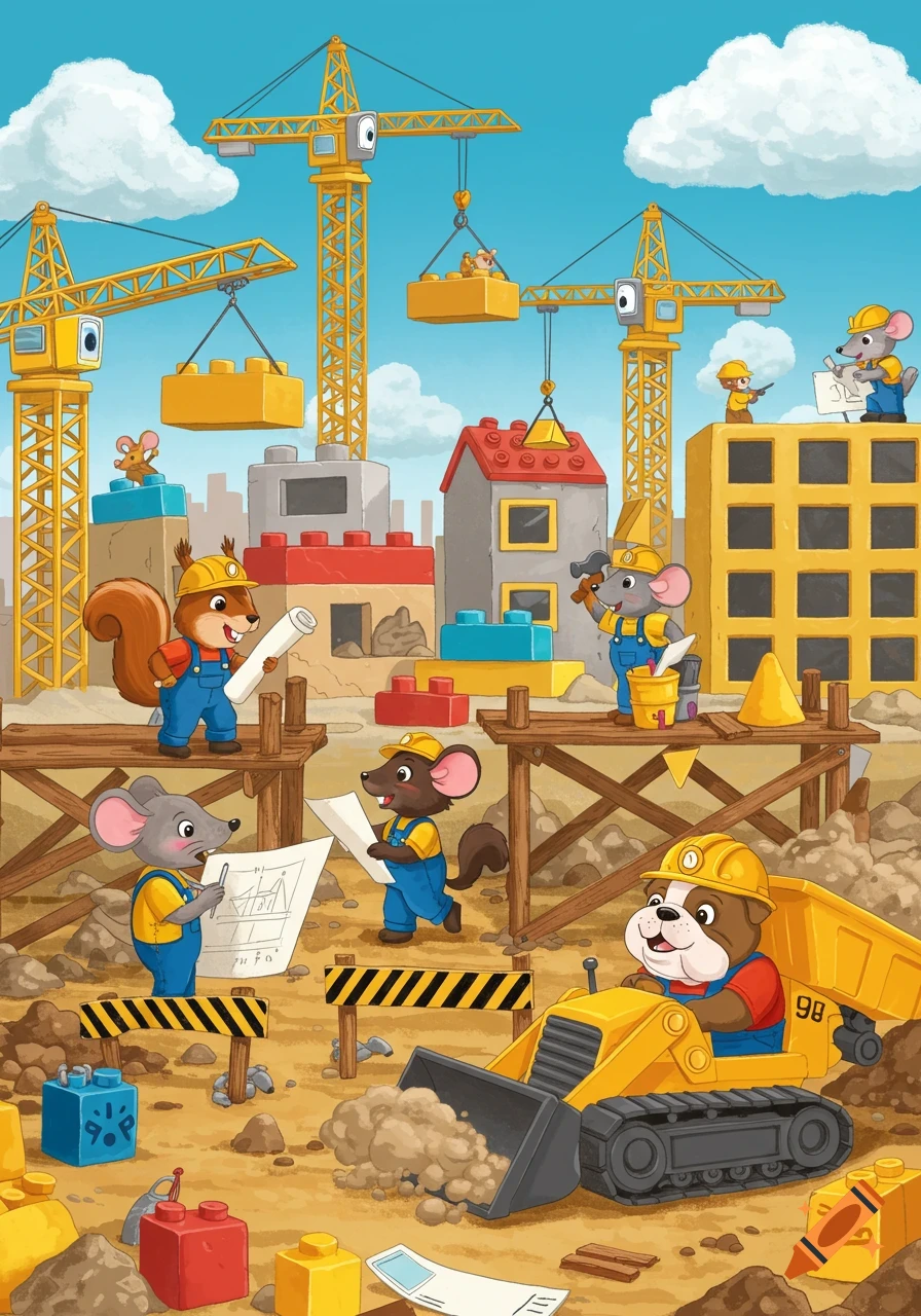 Cartoon animals, including squirrels, mice, and a bulldog, work on a construction site with yellow cranes and buildings made of colorful blocks.