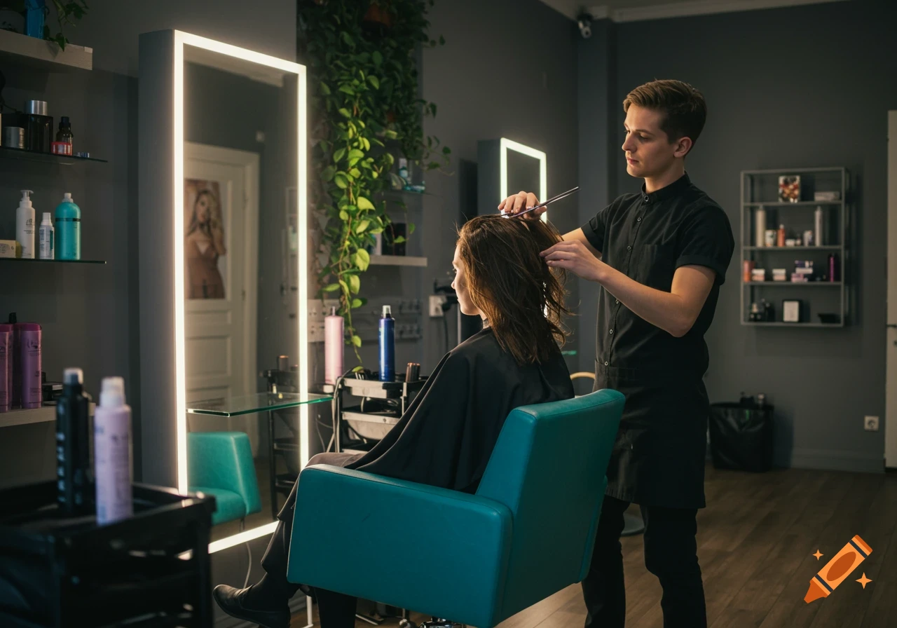 A male hairstylist cuts a woman's wet hair in a modern hair salon with illuminated mirrors and plants.