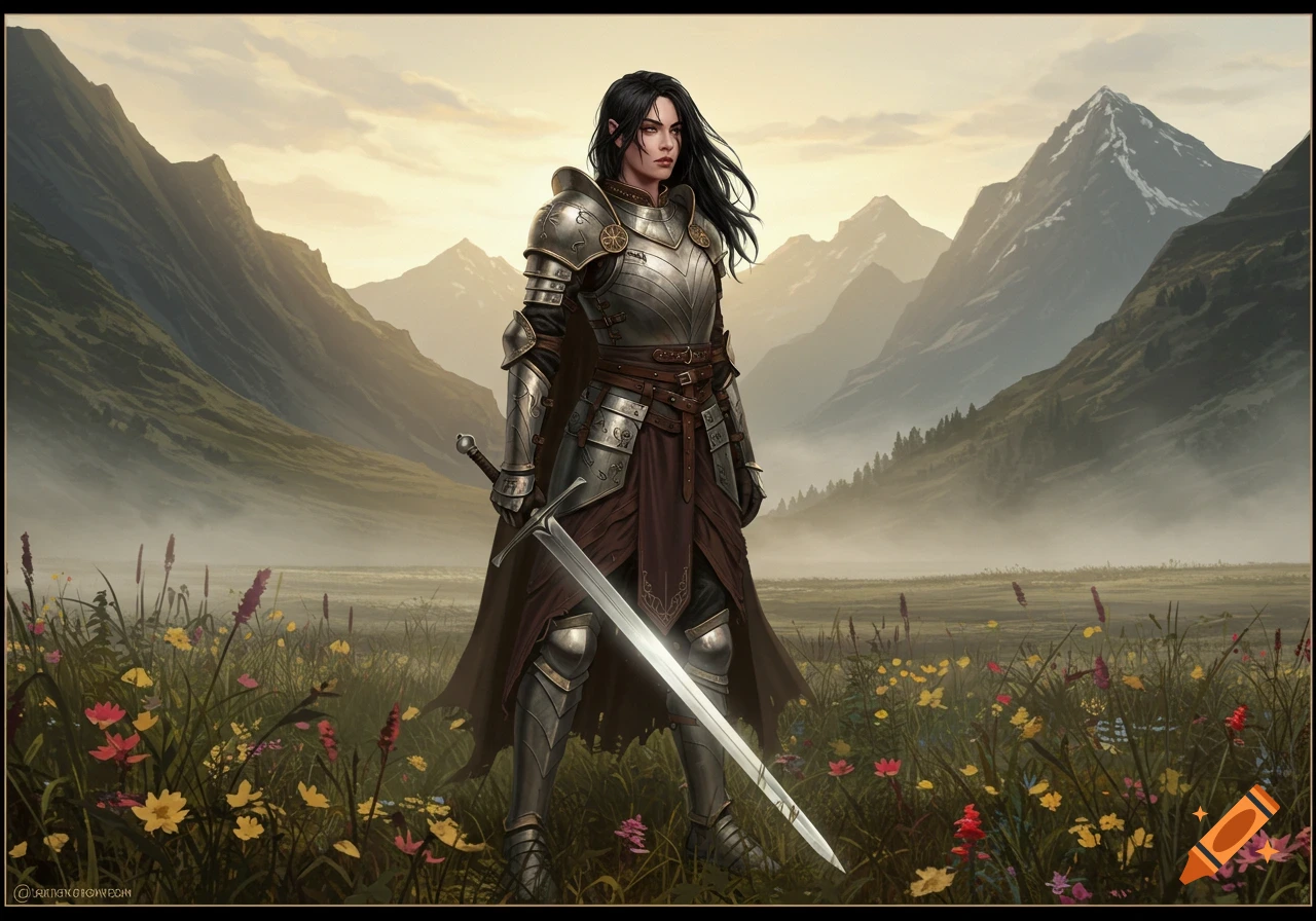 A female warrior in ornate plate armor stands in a field of wildflowers with a longsword, mountains in the misty background.