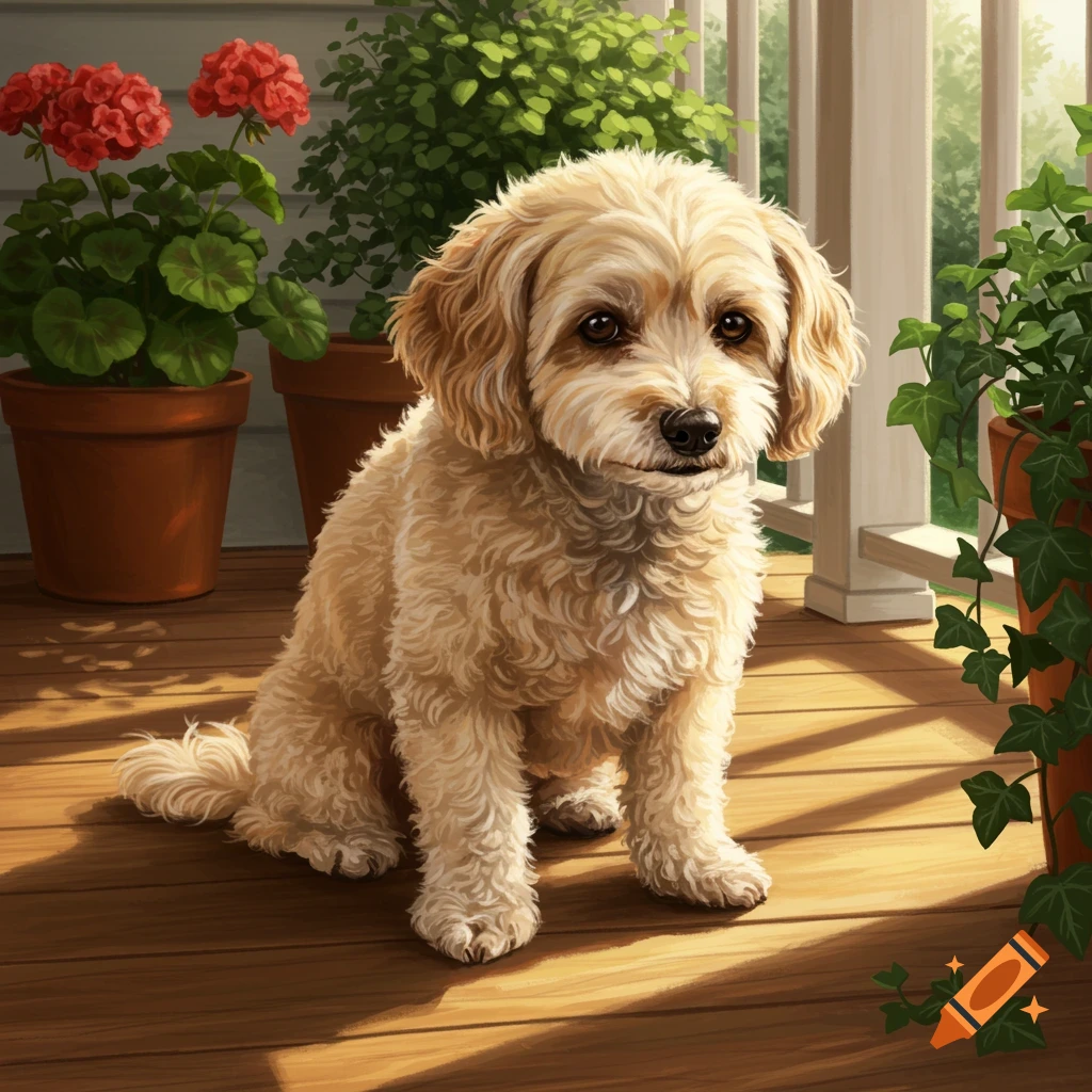 A beige cockapoo dog sitting on a sunny wooden porch surrounded by potted plants.