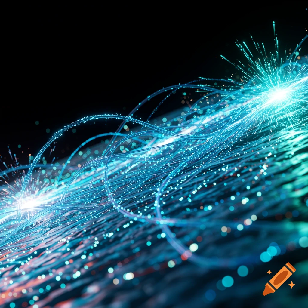Bright blue and teal light trails representing data flow on a dark background.