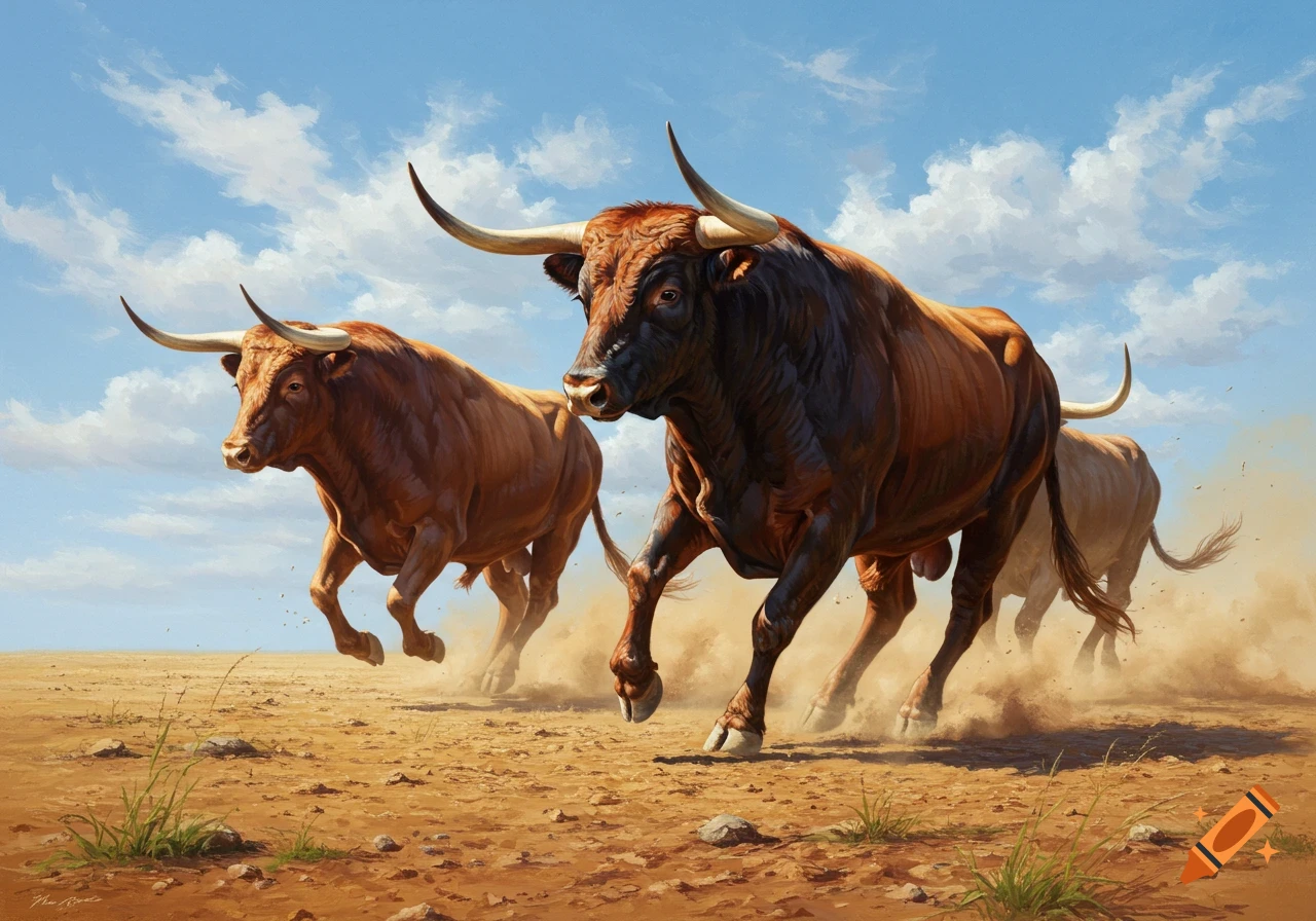 Three longhorn bulls run across a dusty, dry field under a blue sky, kicking up dirt in a realistic painting.