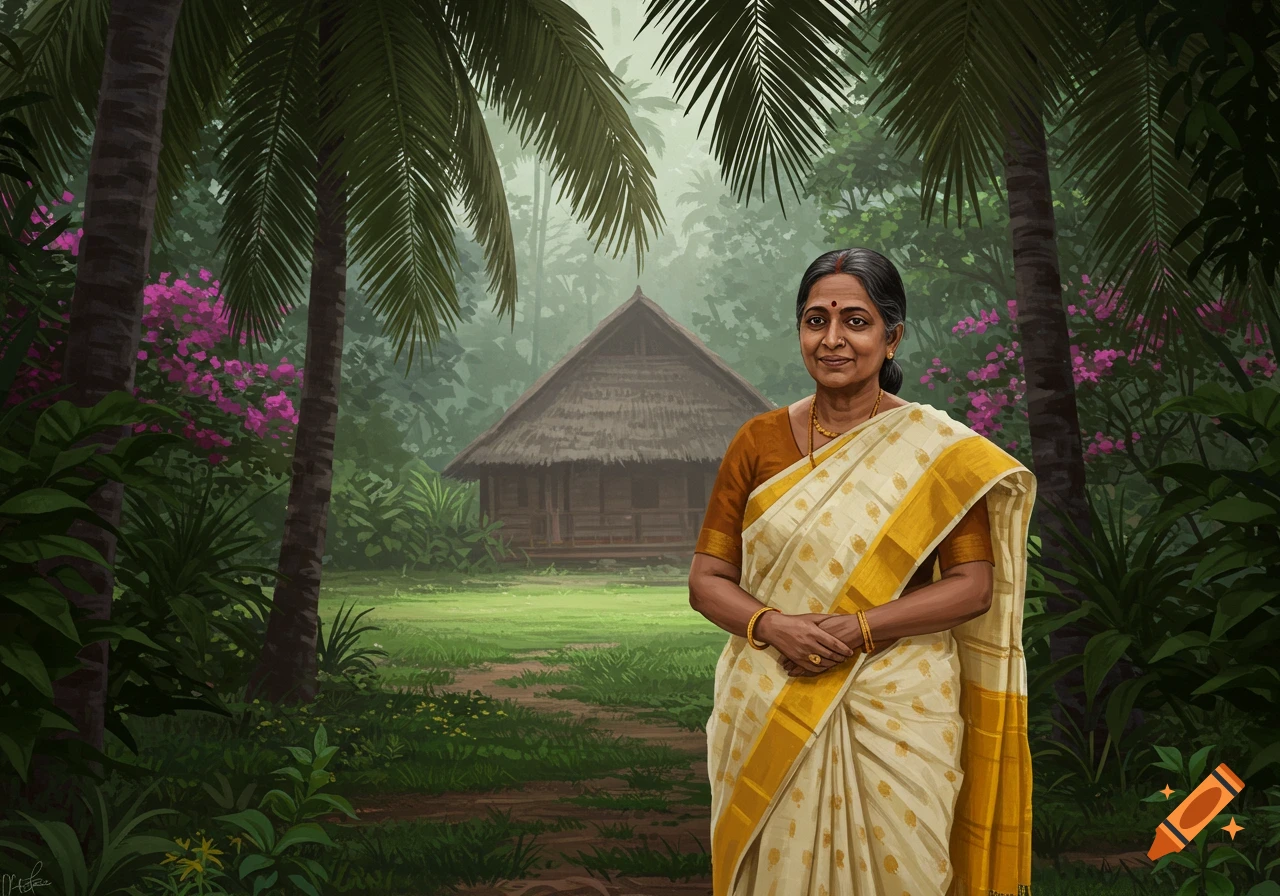 An older Malayali woman in a cream and gold saree stands in a lush tropical setting with palm trees and a hut.