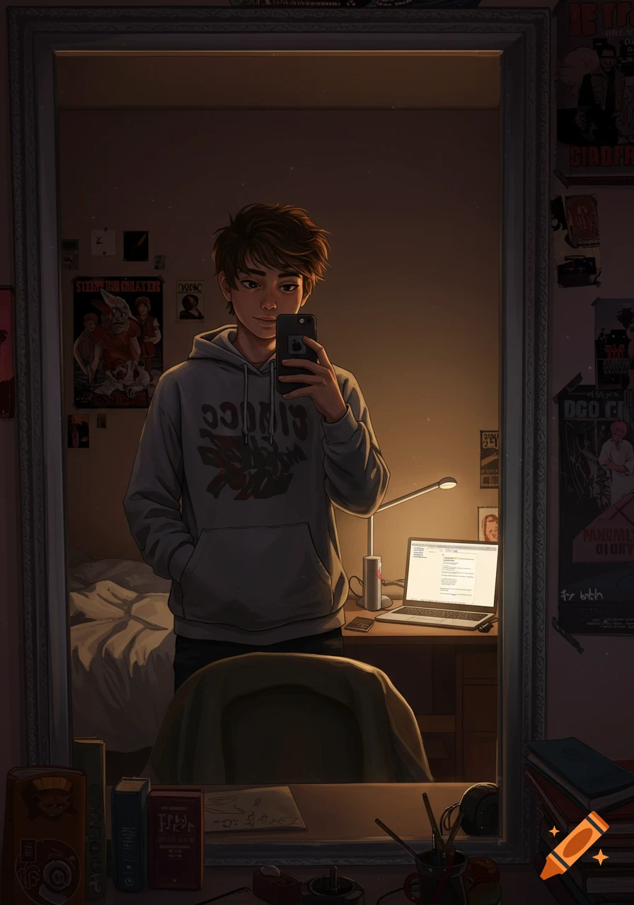 Illustrated portrait of a teenage boy with brown fluffy hair taking a mirror selfie in his dimly lit bedroom.