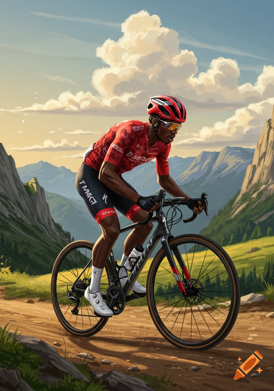 An illustration of a Black male cyclist in a red and black kit riding a road bike on a dirt path through mountains.