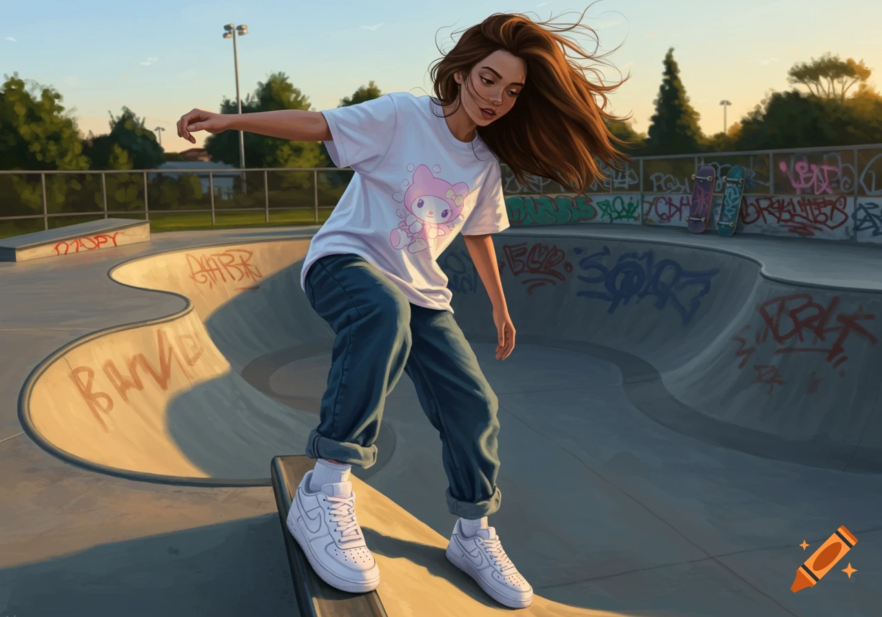 A girl with long brown hair in a baggy white t-shirt with a pink kawaii design, blue jeans, and white Nike Air Force 1s, skateboarding on a concrete ramp in a sunlit skatepark with graffiti.