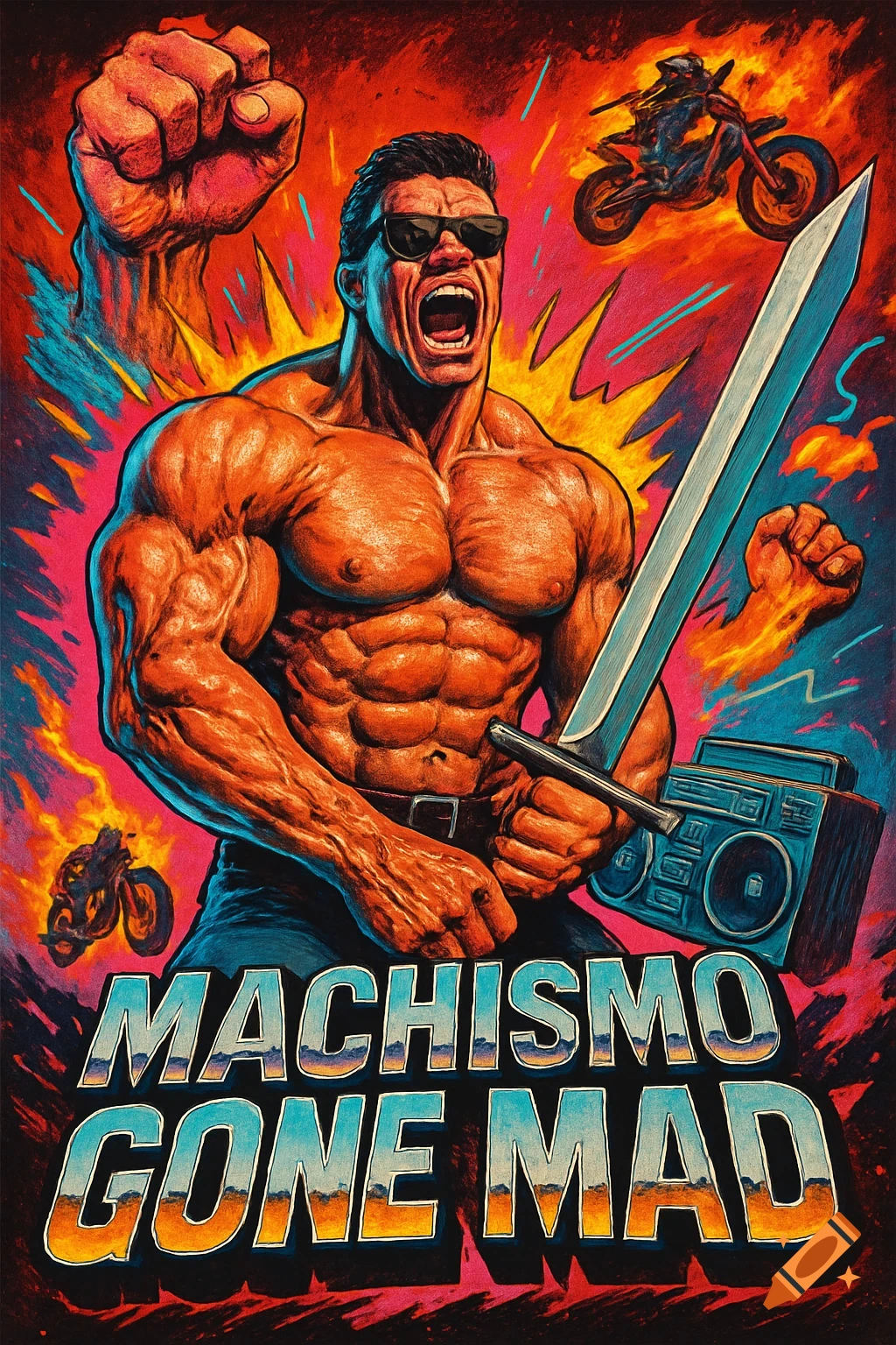 A colorful, stylized movie poster featuring a muscular man in sunglasses roaring, holding a sword and a boombox, with motorcycles and a fist in the background. Text reads 'MACHISMO GONE MAD'.