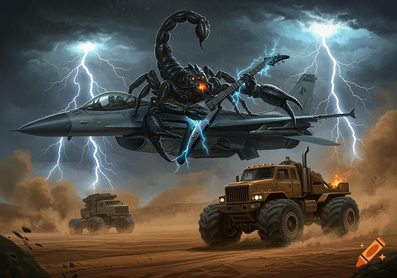 A giant black scorpion on a fighter jet plays an electric guitar in a lightning storm above desert monster trucks.