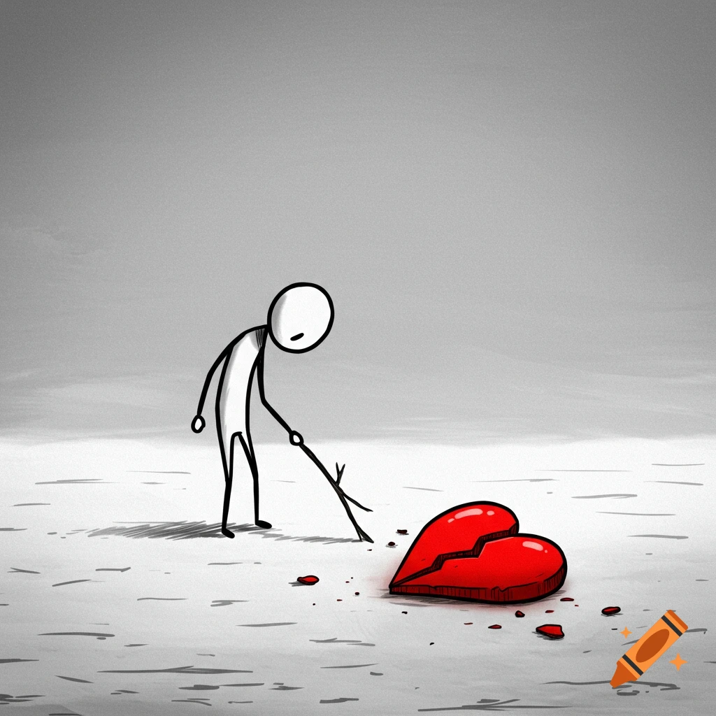 A minimalist cartoon of a stick figure sadly poking a broken red heart on the ground with a stick.