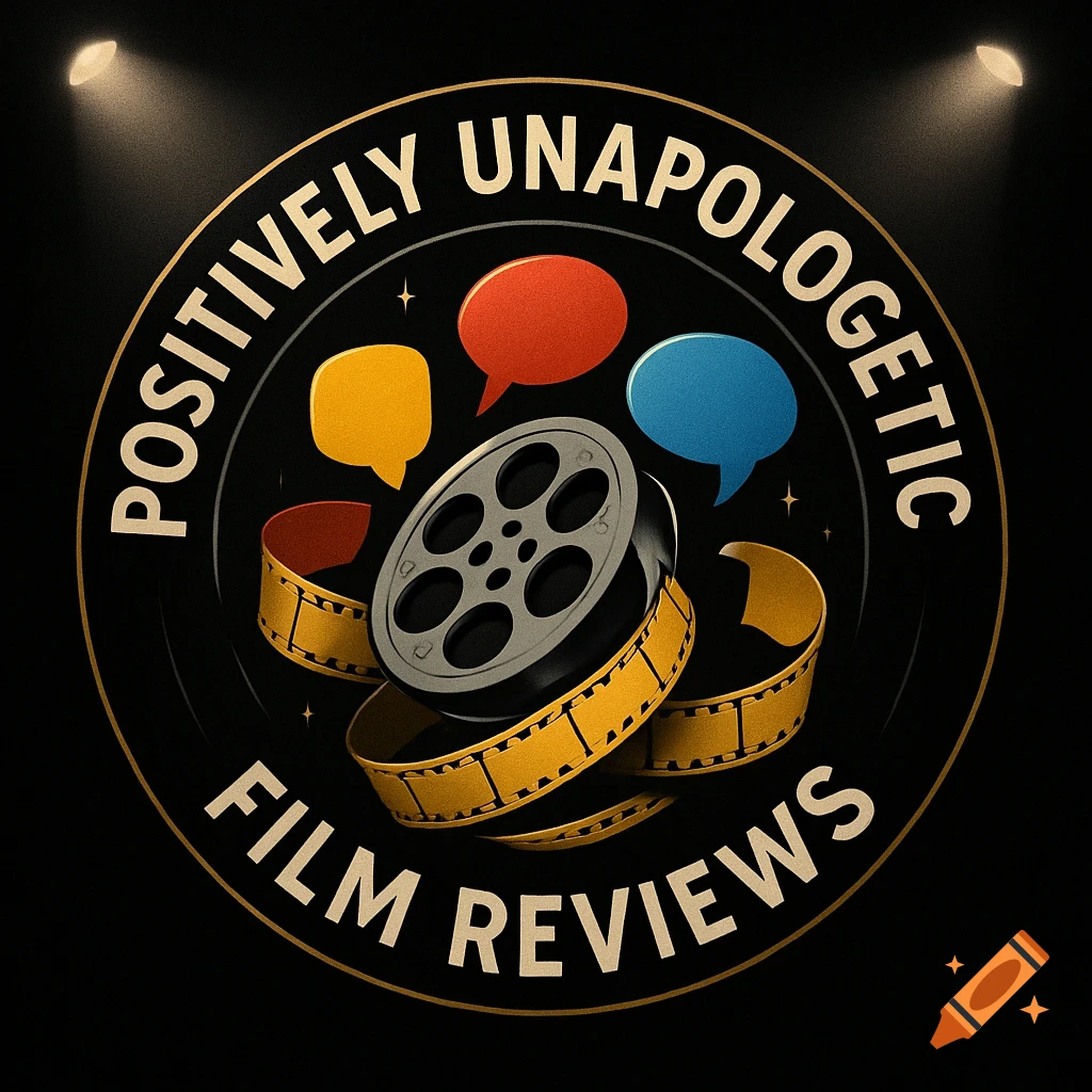A black circular logo for 'Positively Unapologetic Film Reviews' featuring a film reel, film strip, and colorful speech bubbles.