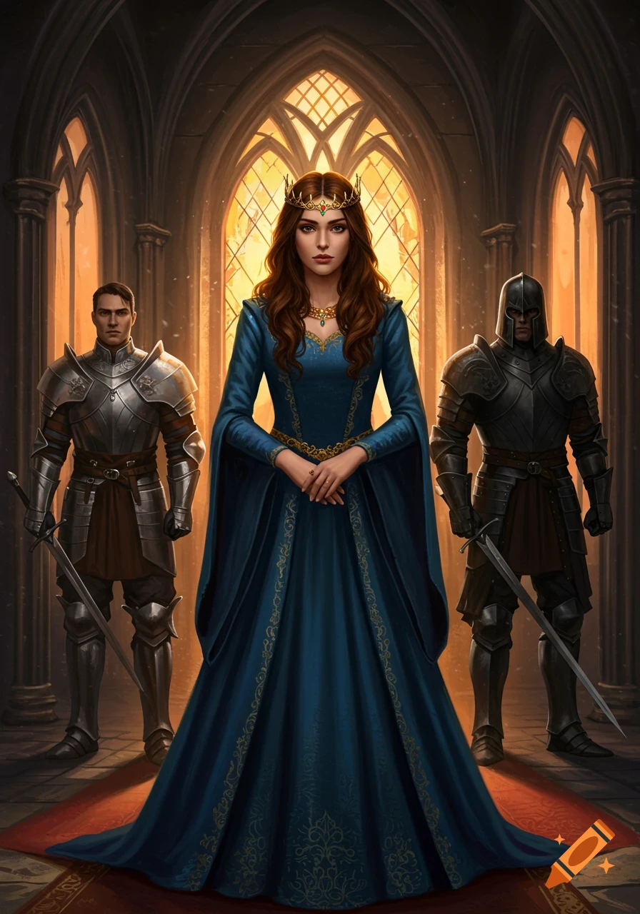 A fantasy queen in a blue gown and crown, flanked by two armored knights, stands in a grand hall.