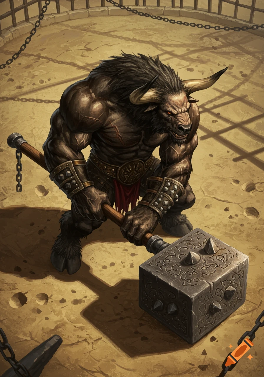 Top-down view of a powerful, muscular minotaur with red eyes wielding a large spiked maul in a sandy gladiator arena.