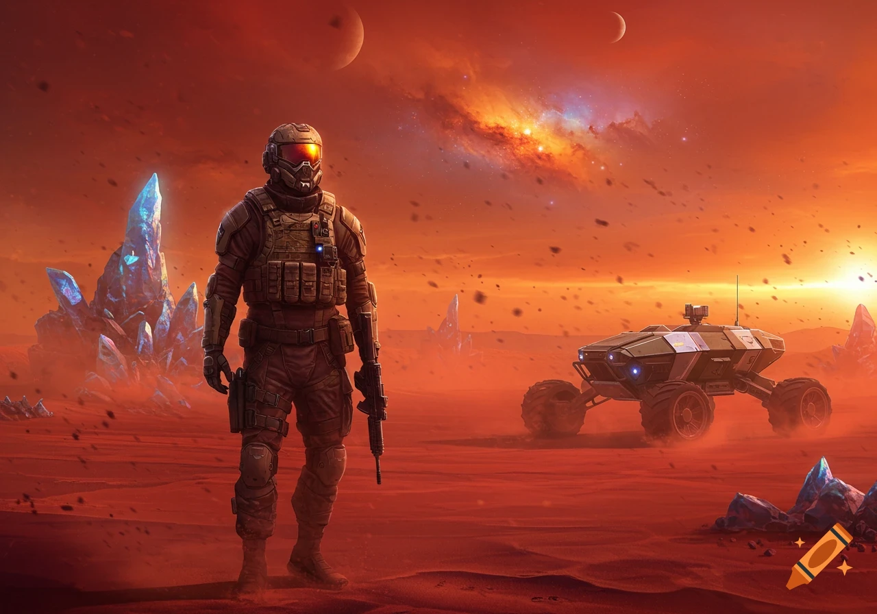 A futuristic armored soldier stands on a red alien planet with a rover and crystal formations under a sky with a nebula and moons.