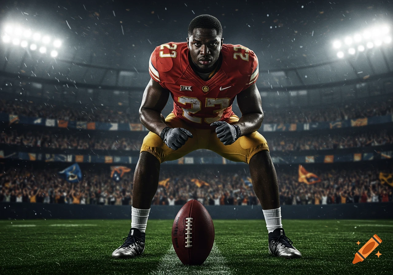 A powerful football player in a red and gold uniform is crouched on a stadium field with a football in front of him, under bright lights. Photorealistic style.
