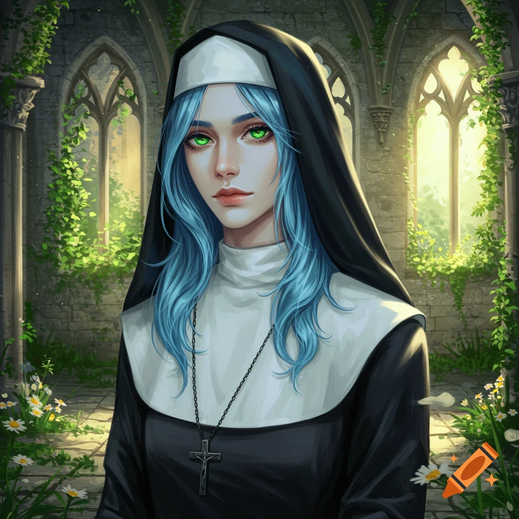 An artistic portrait of a person with blue hair and glowing green eyes dressed as a nun, standing in a crumbling gothic ruin with sunlight streaming through arched windows.