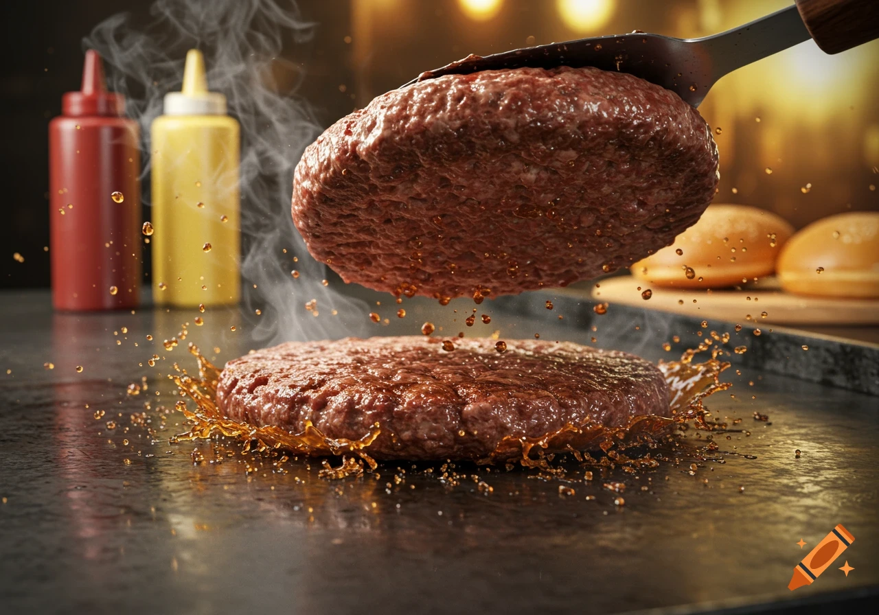 A burger patty is pressed onto a hot griddle, sizzling with steam and grease splashes. Ketchup and mustard bottles in background.