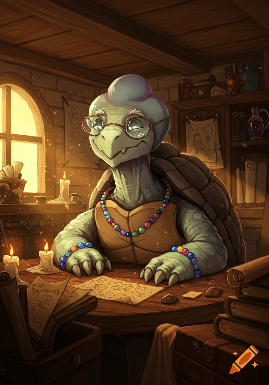 An anthropomorphic turtle, similar to Gerson, wears glasses and beads, sitting at a wooden desk with books, papers, and lit candles in a cozy room.