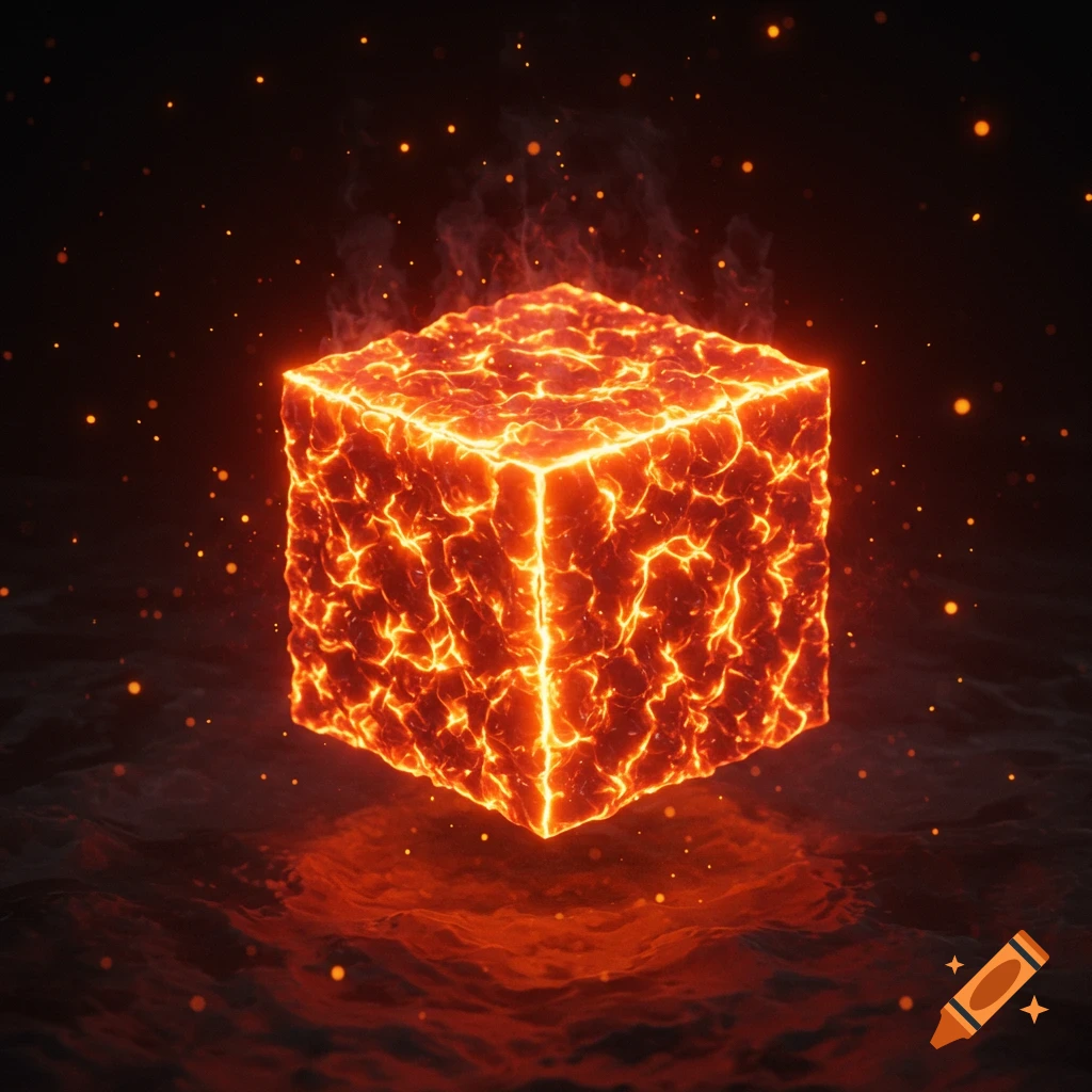A glowing, textured cube made of molten lava, emitting embers and smoke, against a dark background.