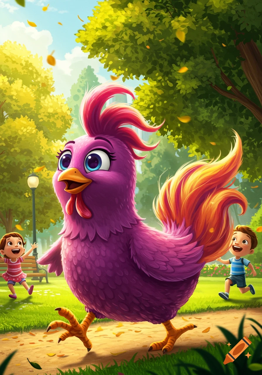 A large, friendly cartoon purple chicken with a pink and orange tail walks on a path in a sunny park as two happy children run behind it.