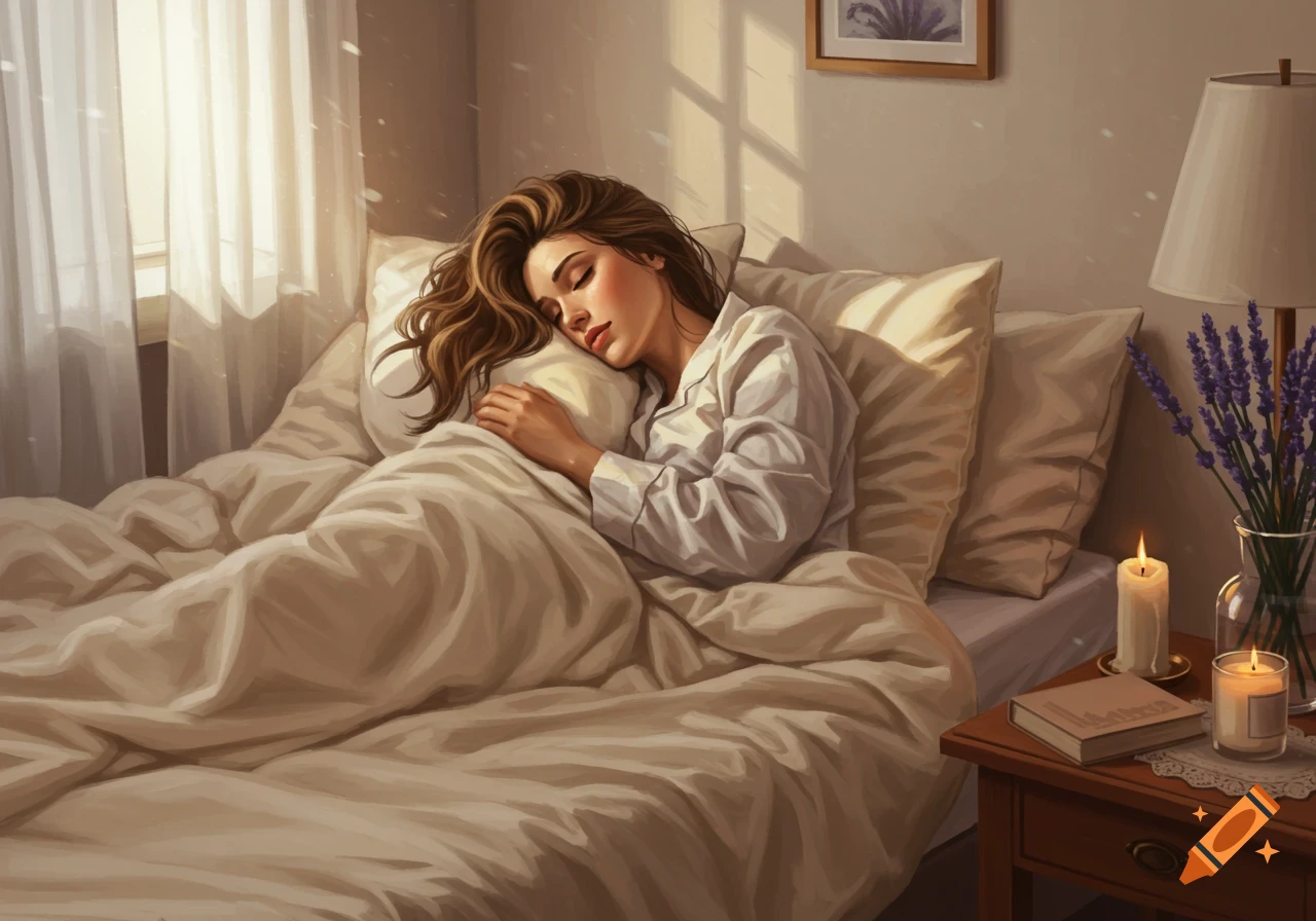A woman with long brown hair sleeps soundly in a cozy bed, bathed in warm morning light. A book, candles, and lavender are on the nightstand.
