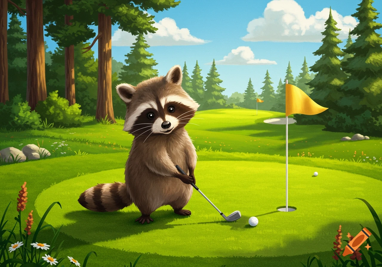 A cute cartoon raccoon stands on a vibrant green golf course, holding a golf club next to a golf ball and the hole with a yellow flag.