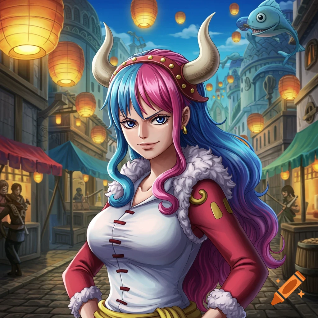 An anime character with split pink and blue hair and horns, wearing a fur-collared jacket, stands in a bustling market street with lanterns.